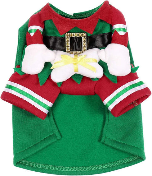 Dog Cat Christmas Elf Costume with Hat, Pet Christmas Winter Fleece Coat, Puppy Xmas Outfit Apparel