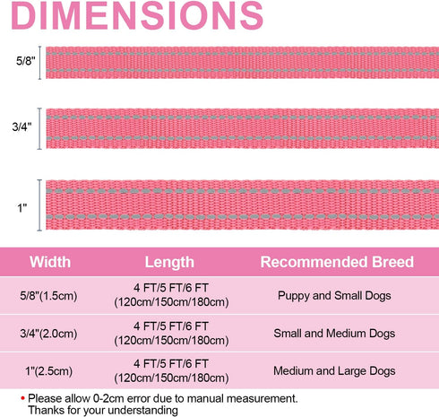 Reflective Nylon Dog Leash for Walking, Strong Leash with Padded Handle for Medium and Large Dogs, 6 FT, Hot Pink