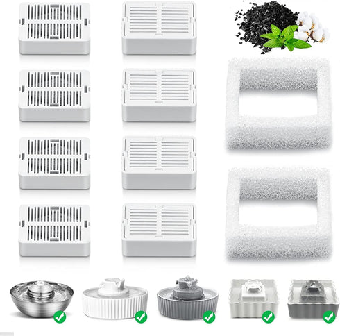 Pet Fountain Filters, 8 Carbon and 2 Foam Pre-Filters for Porcelain Pet Drinking Fountain (8 Packs)