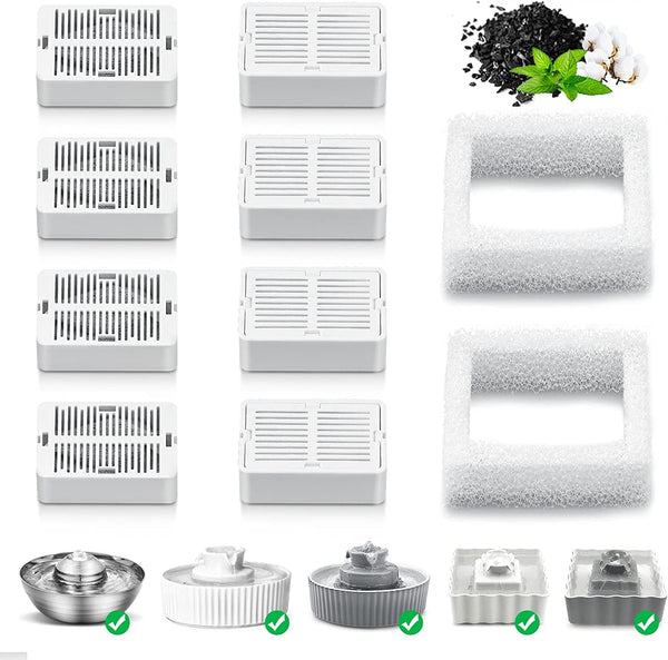 Pet Fountain Filters, 8 Carbon and 2 Foam Pre-Filters for Porcelain Pet Drinking Fountain (8 Packs)