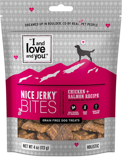 I and love and you Nice Jerky Bites, Chicken + Salmon, Grain Free, Real Beef, Chewy Dog Treats, 4oz