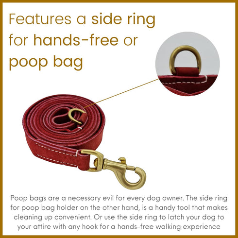 Blazing Paws Vibrania Heavy Duty Dog Leash, 6 Ft Thick Distressed Leather, Cherry Red with Side Ring (6 Ft L x 1" W)