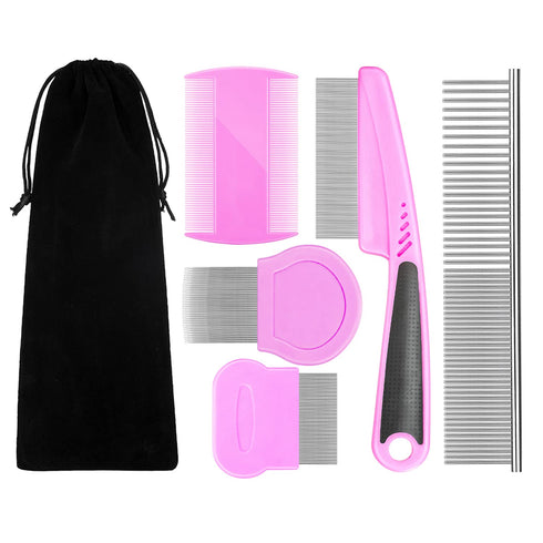 Flea Comb for Dogs & Cats, 5 Pieces Grooming Set with Metal Teeth and Storage Pouch (Pink)