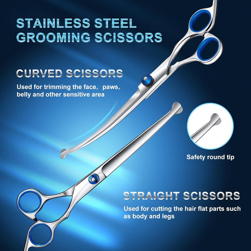 Set, 8-in-1 Professional Dog Grooming Scissors Stainless Steel Pet Grooming Kit with Hair Comb, Nail Clipper & Brush