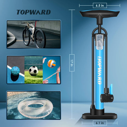 Portable Bicycle Tire Pump, Hand Air Pump for Bike, Fits Presta & Schrader Valve, Includes Ball Pump Needle