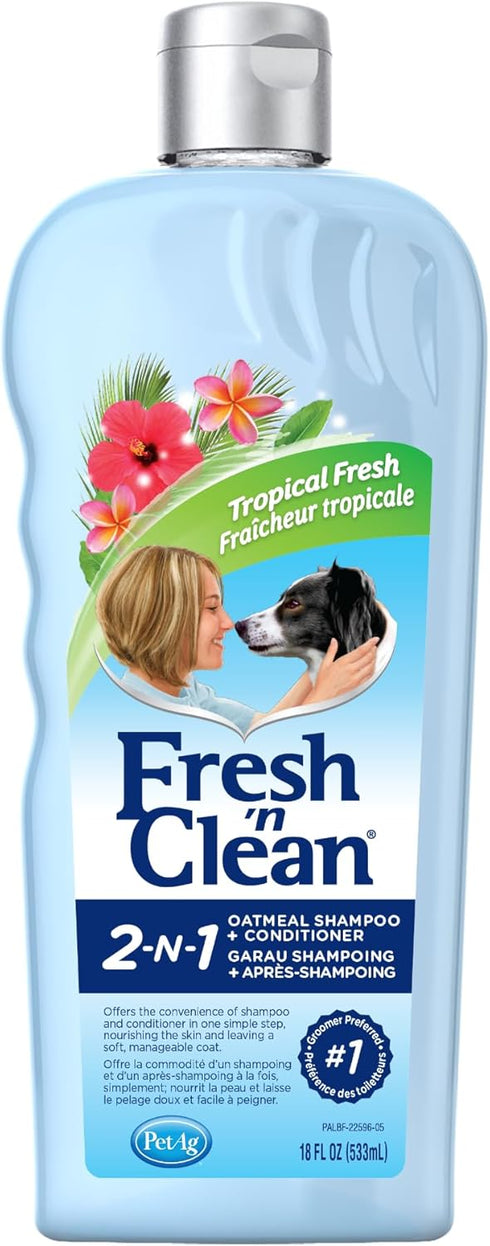 Pet-Ag Fresh ’n Clean 2-N-1 Oatmeal Conditioning Shampoo - Tropical Scent - 18 oz - Moisturizes with Vitamin E & Aloe
