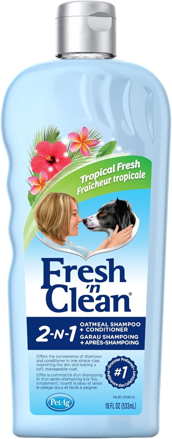 Pet-Ag Fresh ’n Clean 2-N-1 Oatmeal Conditioning Shampoo - Tropical Scent - 18 oz - Moisturizes with Vitamin E & Aloe