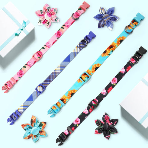 Cute Dog Collar - Fancy Floral Boy Dog Collar with Sunflower Bowtie for Small Medium Large Dogs, Spring Summer Design