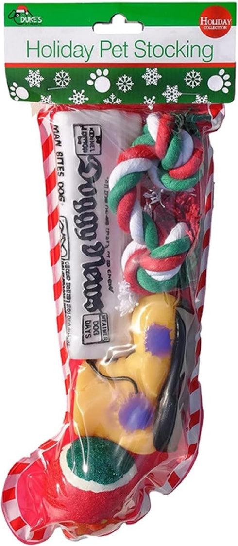 Christmas Stocking for Dogs with Squeaky Newspaper Toy, Boot Toy, Tennis Ball, and Knotted Rope
