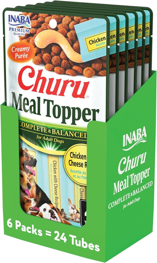 INABA Churu Meal Topper for Dogs, Lickable Purée Dog Food Topper, 0.5 Ounce Tube, Chicken with Cheese Recipe - 24 Tubes