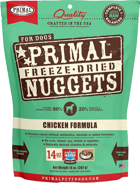 Primal Freeze Dried Dog Food Nuggets, Chicken; Complete Balanced Meal, Topper or Treat; 14 oz