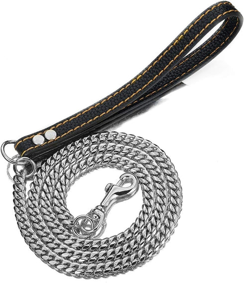 Heavy Duty Stainless Steel Dog Chain Leash, 3FT/4FT/5FT Cuban Link Metal Leashes with Genuine Leather Handle