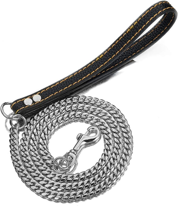 Heavy Duty Stainless Steel Dog Chain Leash, 3FT/4FT/5FT Cuban Link Metal Leashes with Genuine Leather Handle