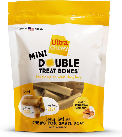 Ultra Chewy Mini Double Treat Bones: Long-Lasting Dog Treats, Peanut Butter and Chicken Flavor, 9oz