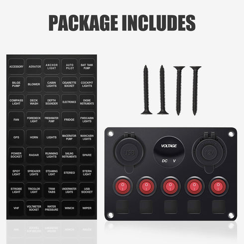 FXC 5 Gang Rocker Switch Panel with Dual USB Slot, Cigarette Lighter, Voltmeter for Marine Boat Car RV 12-24V