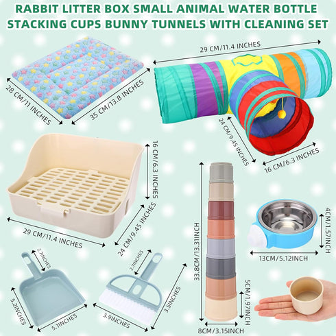 34 Set Pcs Rabbit Starter Kit Rabbit Litter Box Small Animal Water Bottle Stacking Cups Bunny Tunnels Animal Grooming