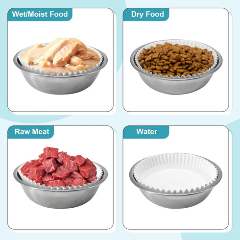 300PCS Disposable Cat Food Bowls & 2PCS Stainless Steel Bowls, Small Paper Plates for Cat Dog Feeding