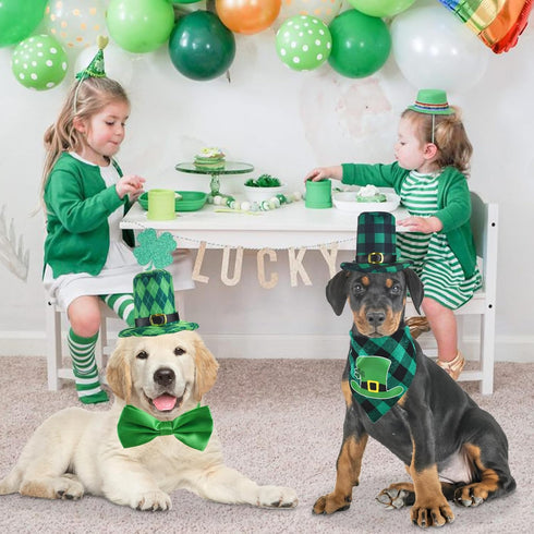 Vehomy 4pcs St Patrick's Day Dog Costumes, Buffalo Plaid Dog Hat, Collar, and Bandana, Irish Holiday Pet Outfit