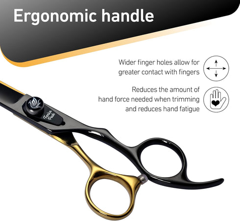Fenice Peak 8'' Black Dog Grooming Scissors - Golden Curved Scissors with Ergonomic Offset Handle, 440C Durable and