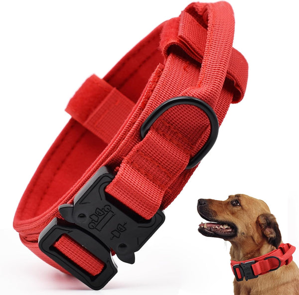 Tactical Dog Collar, Adjustable Military Nylon Collar with Control Handle and Quick-Release Metal Buckle for Dogs, Red M