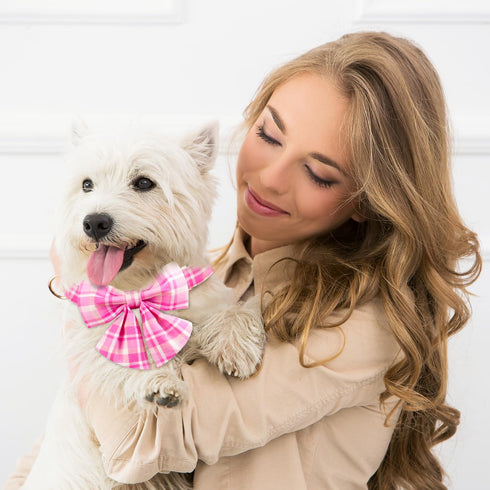 Elegant Pink Plaid Dog Collar with Bow Tie - Stylish Durable Adjustable Cotton Pet Collar for Small Medium Large Girls,