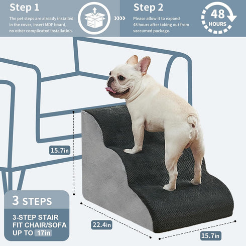 BOMOVA 3-Step Dog Stairs to Bed, Non-Slip Steps for High Bed and Couch, Indoor Pet Steps, Grey, 2/3/4/5 Steps