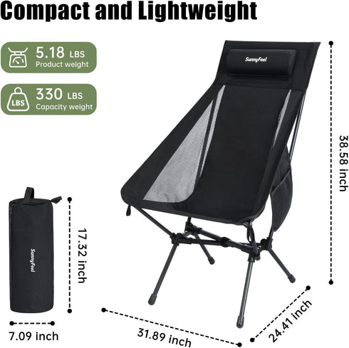 Backpacking SUNNYFEEL High Back Portable Camping Chair, Lightweight Folding Chair with Head Support, Compact Chair