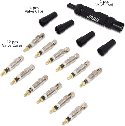 JACO Presta Valve Core Repair Kit for Bike Tires | with (12X) Replacement Valve Cores, (4X) Valve Caps, and Valve Removal Tool by JACO Superior Products