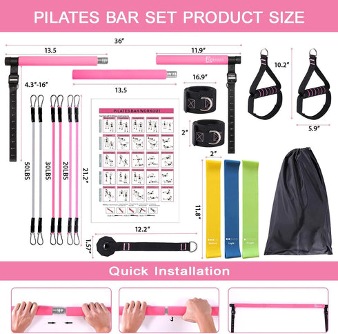 Pilates Bar Kit with Resistance Bands - Stackable Bands Workout Equipment for Legs, Hip, Waist, Arm