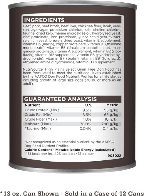 13 (Pack 12) NutriSource High Plains Select Grain Free Wet Dog Food, Beef, Pork, Lamb, and Venison, Ounce