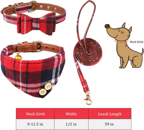 3 PCS Puppy Collar and Leash Set, Dog Collars for Small Dogs with Bow Tie, Bell, and Bandana Leather Collar for Puppies