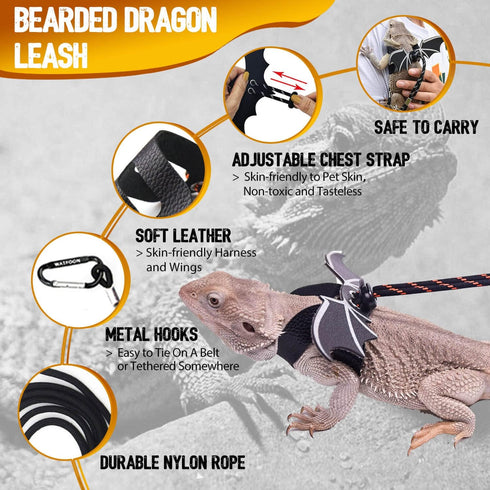 Adjustable Lizard Leather Leash Harness and Bearded Dragon Carrier Sling - Reptile Small Pet Training Leashes and