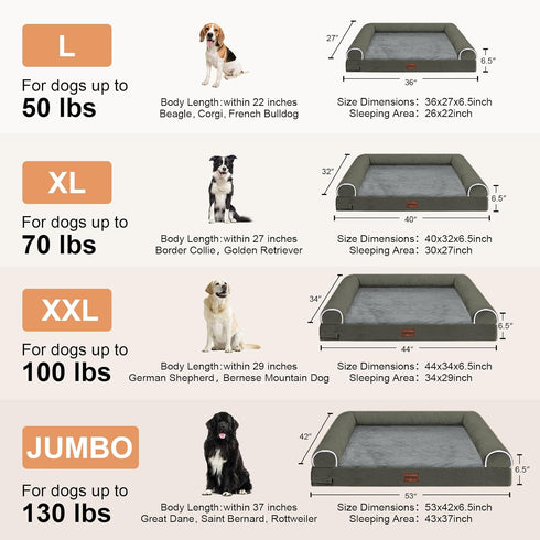 Large Orthopedic Dog Bed, Washable Bolster XL Memory Foam Sofa Couch with Removable Cover - Dark Green