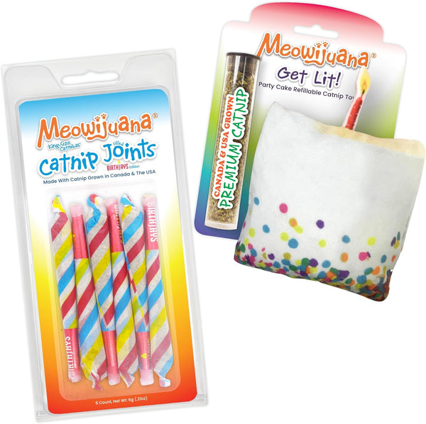Meowijuana Birthjays Bundle, Catnip Joints and Get Lit Cake Refillable Toy, Hand Harvested Catnip