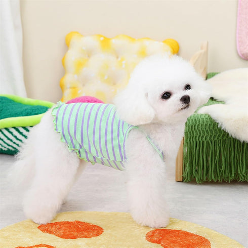 2 Pieces Summer Clothes for Small Medium Dogs - Cute Striped Shirt with Flower Strawberry Embroidery (Pink-Green)