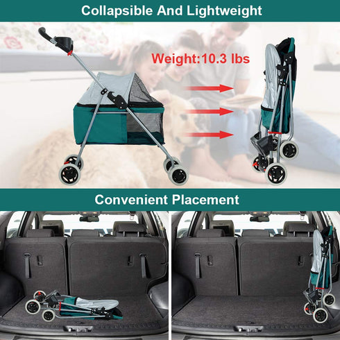 Travel-Friendly Folding Pet Stroller for Cats and Dogs - Teal