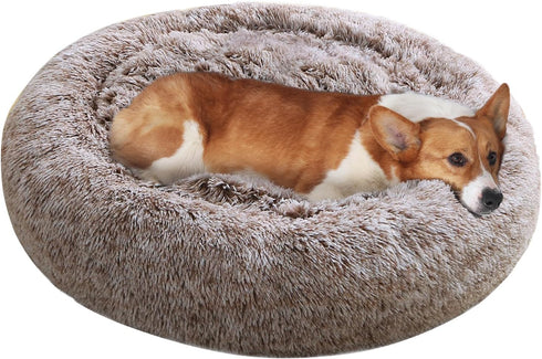 JOLLYVOGUE Calming Donut Dog Bed & Cat Bed, Anti-Anxiety Washable Dog Round Bed, Fluffy Faux Fur Plush Dog Cuddler Bed, Warming Cozy Soft Dog Cat Cushion Bed for Small Dogs and Cats (20",Brown)