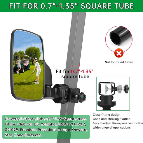Golf Cart Mirrors, Universal Rear View for 0.7"-1.35" Square Rail, 360° Rotation, No Drilling