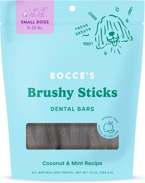 Bocce’s Bakery Dailies Brushy Sticks for dogs, wheat-free dental bars, made with real ingredients, coconut & mint recipe