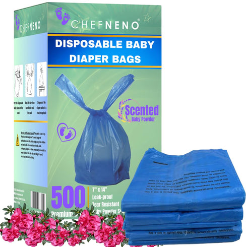 Baby Diaper Bag Disposable (500 Count, Blue), Fresh Baby Powder Scented Easy Tie Handles Bulk Diaper Sacks