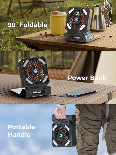 Smiling Shark Camping Fan with LED Lantern, 12000 mAh Solar Rechargeable Portable 90° Foldable Camp Fan