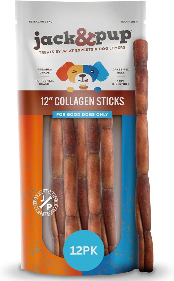Jack&Pup 12" Beef Collagen Sticks for Dogs | Rawhide Free Dog Chews