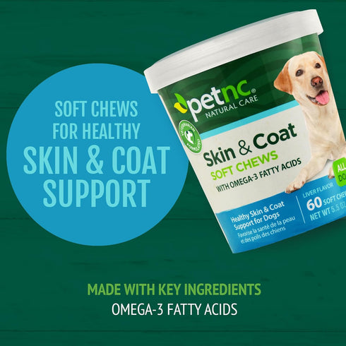 Petnc Natural Care Dog Skin and Coat Supplement, 60 Chewables, with Omega 3, EPA & DHA, Promotes Healthy Skin & Glossy