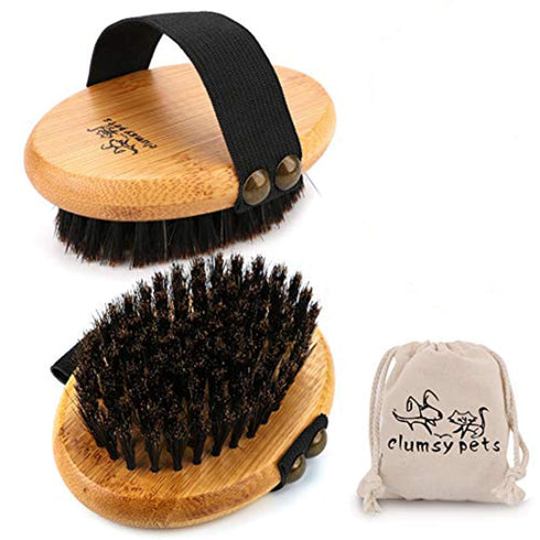 Bamboo Grooming Palm-Held Brush for Pets, Boar Bristles & Elastic Band for Dog Cat Shower and Massage
