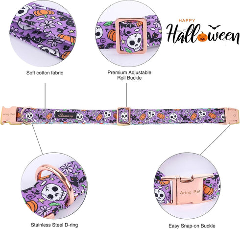 ARING PET Halloween Dog Collar - Cute Pumpkin Bowtie Cotton Purple Skull Bat Collars with Metal Buckle