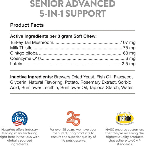 NaturVet Senior Advanced 5-in-1 Support Dog Supplement, 60 Ct – Supports Immune System, Heart, Liver, Cognitive