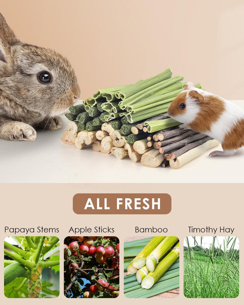 60 Chinchilla Bissap PCS Rabbit Chew Sticks, Sweet Bamboo Timothy Hay Chew Stick Papaya Stems Apple Branch Bunny Chews