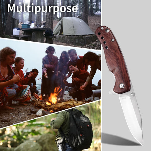 Wood Handle Pocket Knife, 2.9in 8Cr13MoV Stainless Steel Blade, EDC Knife for Hunting, Camping, Hiking, 6.5in