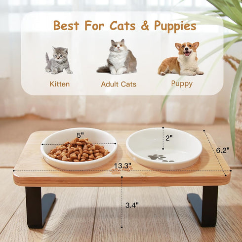 Ceramic Elevated Cat Bowls with Bamboo Stand, 10° Tilted Raised Dishes for Food and Water, Anti Vomiting Pet Bowl Set