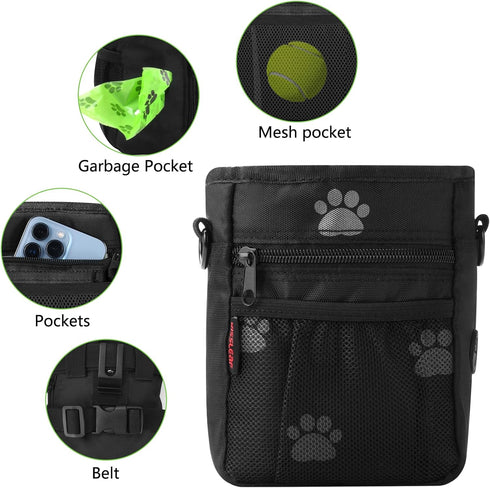 Dog Treat Pouches for Training, Large Pouch with Built-in Poop Bag Dispenser and Dog Clicker - Black Pattern